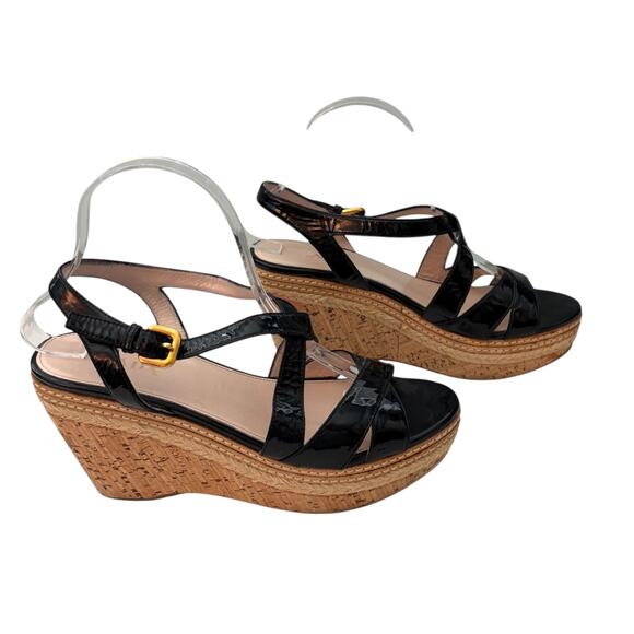 PRADA Vitello Shine Leather and Cork Espadrille Wedge Sandals Black Size 39 (9) - Picture 11 of 11